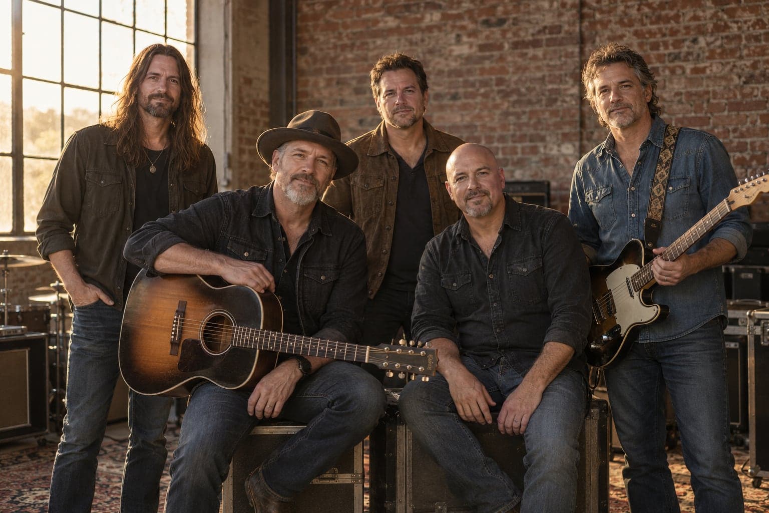AI-generated image of five men in denim and dark shirts in a brick-walled rehearsal room, one holding an acoustic guitar and one an electric guitar