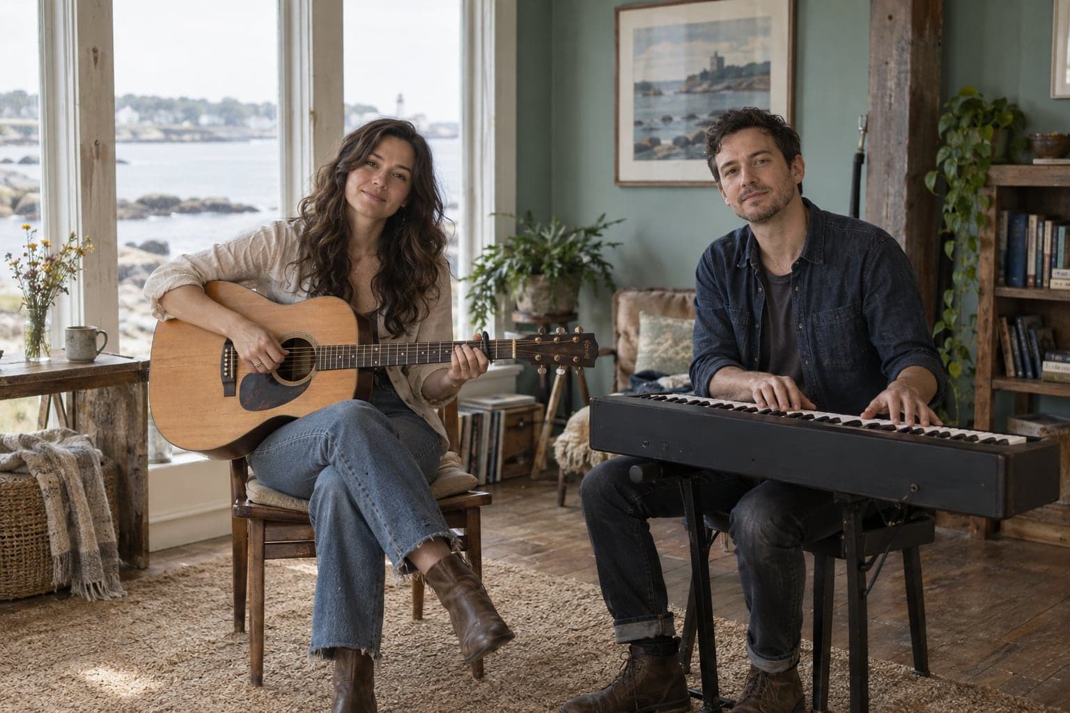 AI-generated image of a woman with an acoustic guitar and a man at a keyboard in a sunlit room overlooking the sea