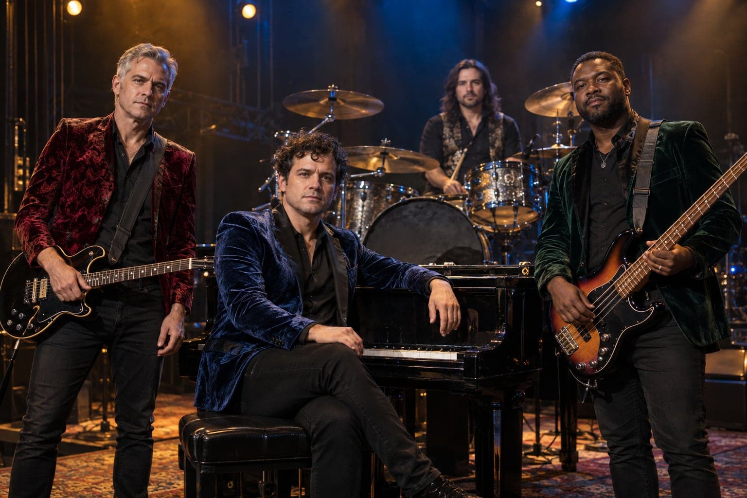 AI-generated image of four men in velvet jackets on a lit stage: a guitarist, a bassist, a drummer, and a frontman seated at a grand piano