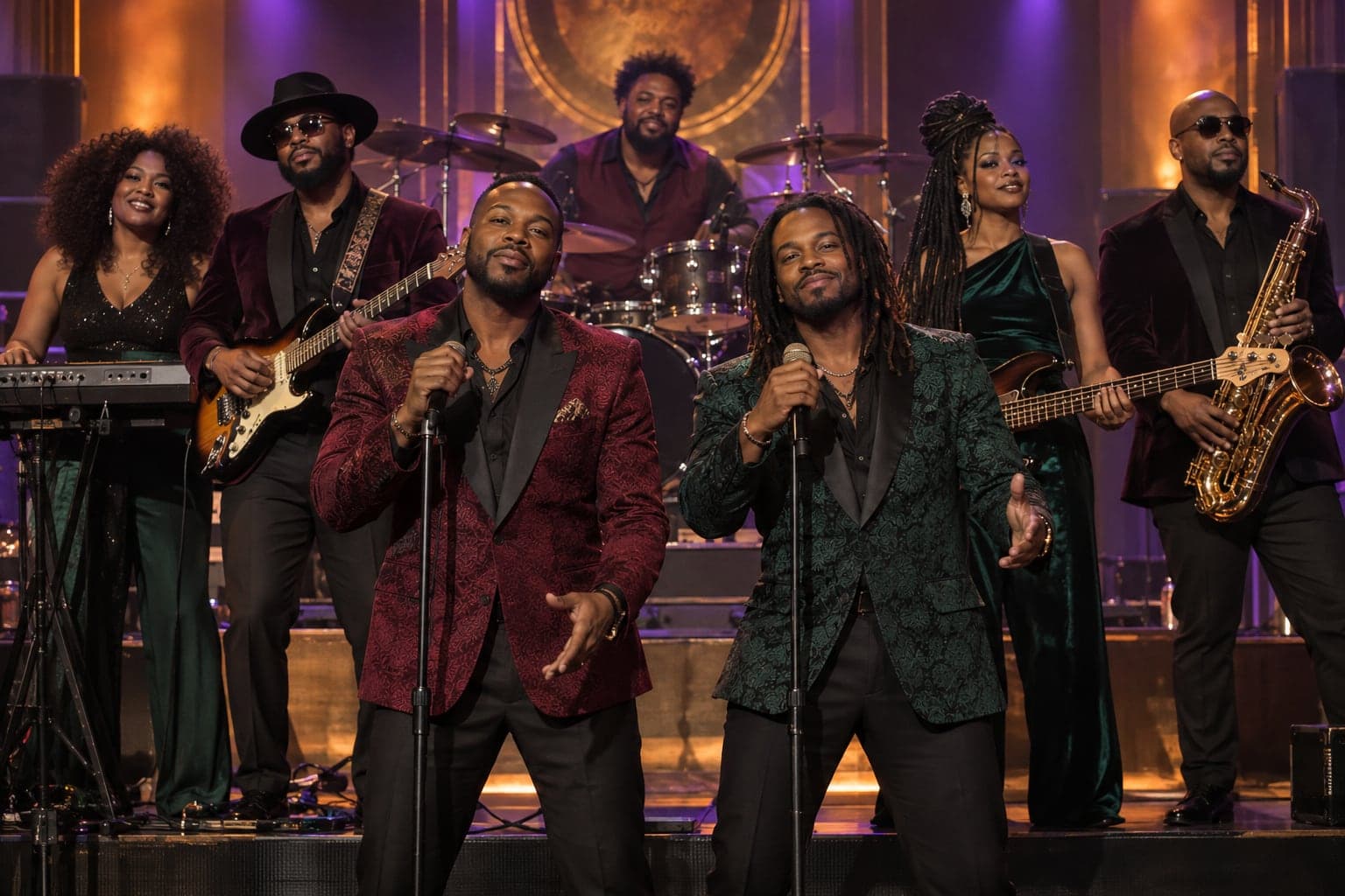 AI-generated image of a seven-piece band on stage in velvet and satin, two singers at the front with keys, guitar, drums, bass and saxophone behind