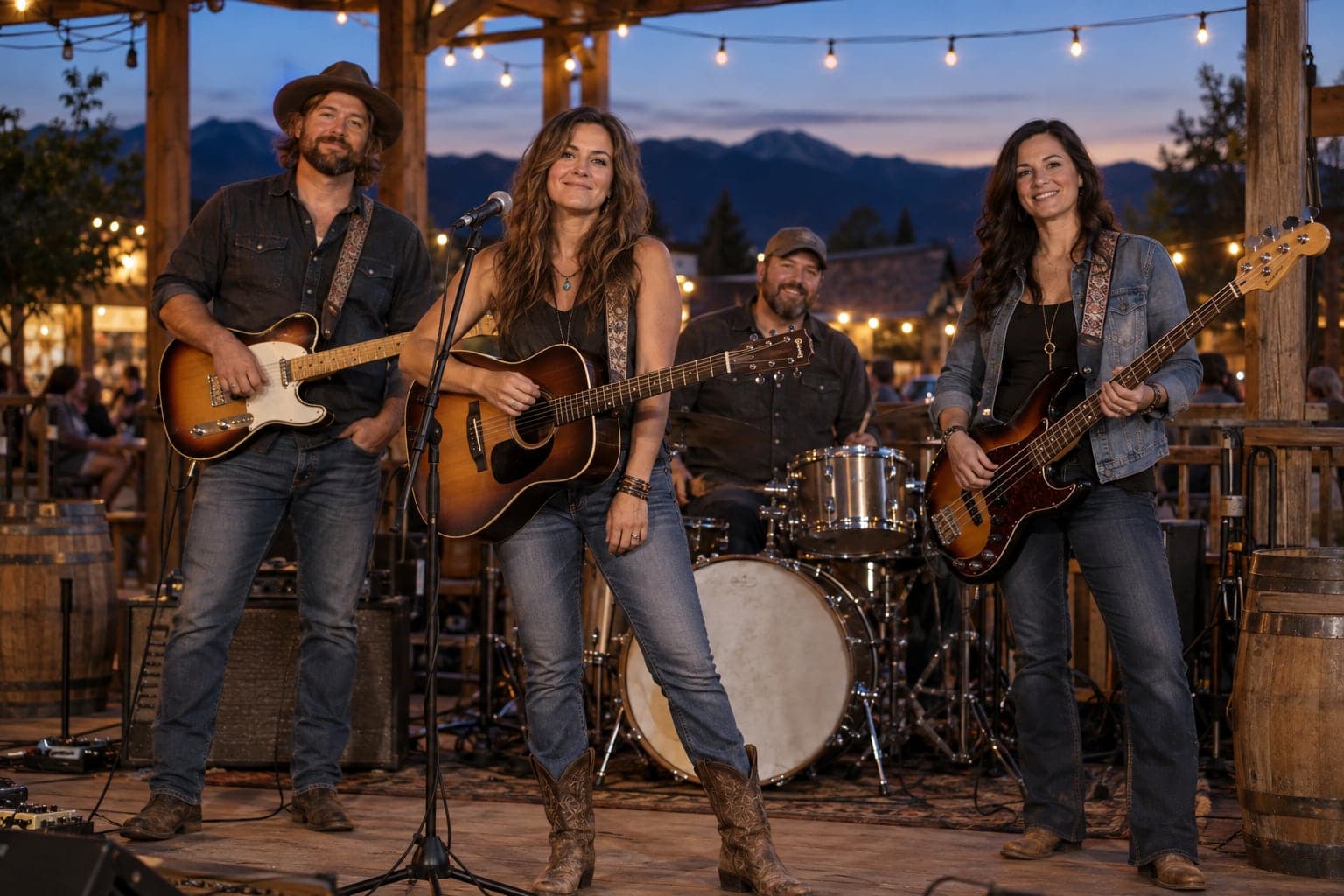 AI-generated image of a four-piece country band on an outdoor stage under string lights at dusk, with mountains behind