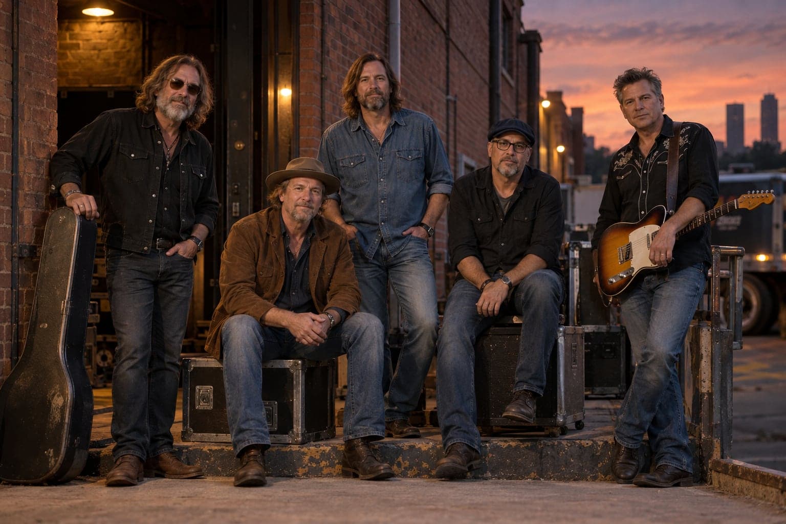 AI-generated image of five men by a brick loading dock at sunset, three seated on road cases, one holding an electric guitar
