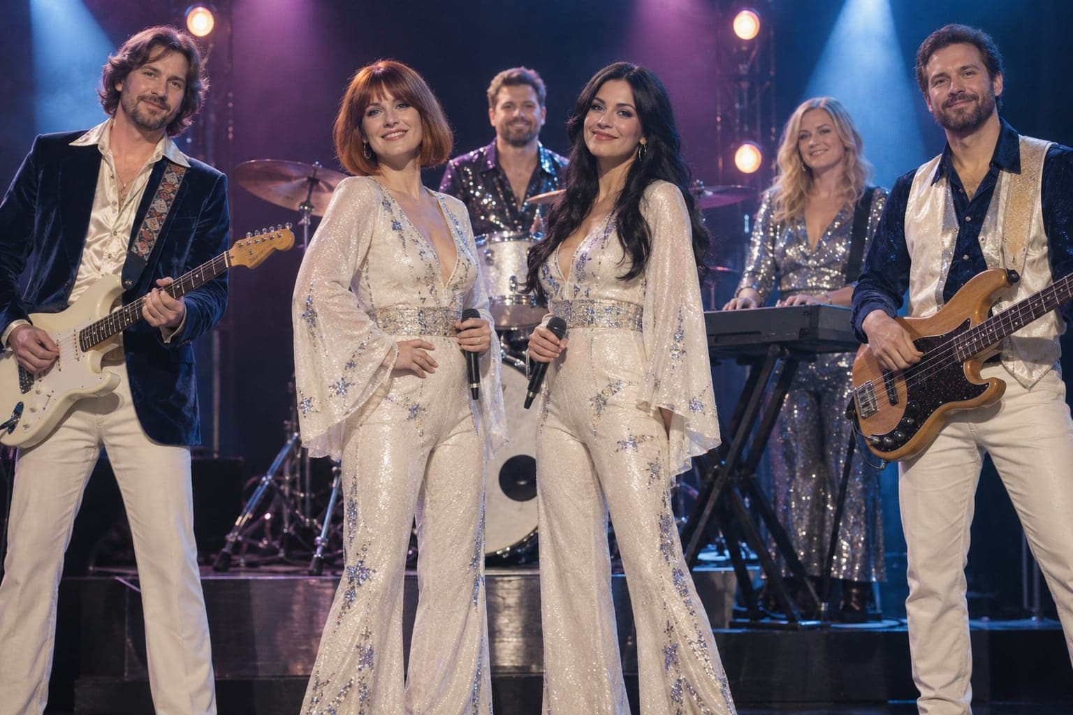 AI-generated image of a six-piece band on stage in '70s-style sequined outfits, two singers in white jumpsuits at the front