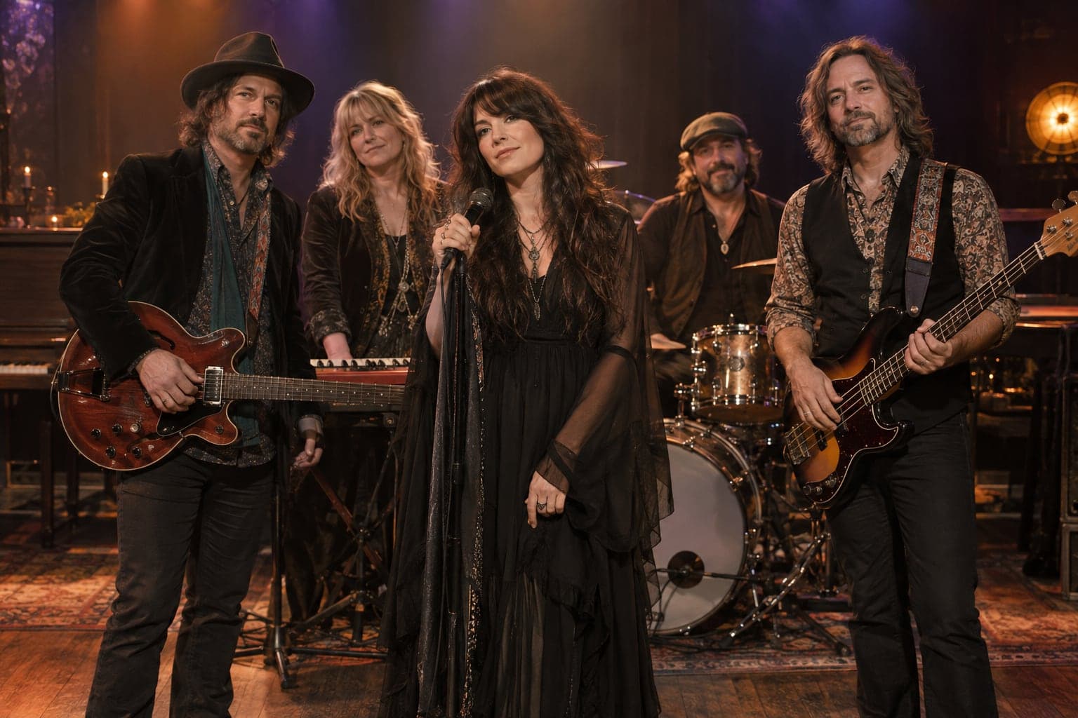 AI-generated image of a five-piece band on a warmly lit stage, a singer in a long black dress at the center microphone