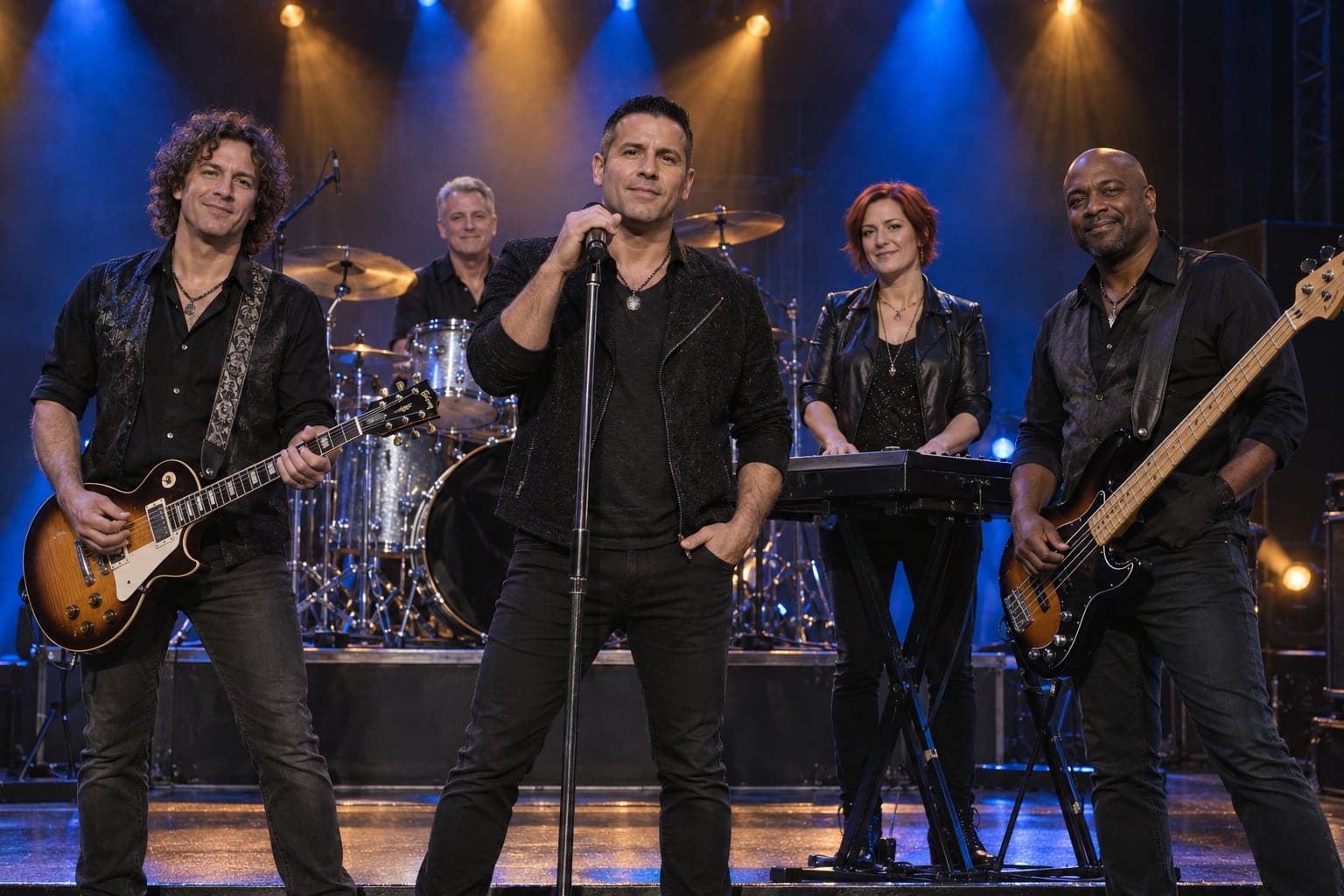 AI-generated image of a five-piece rock band on a stage under blue and amber lights, the singer at a center microphone