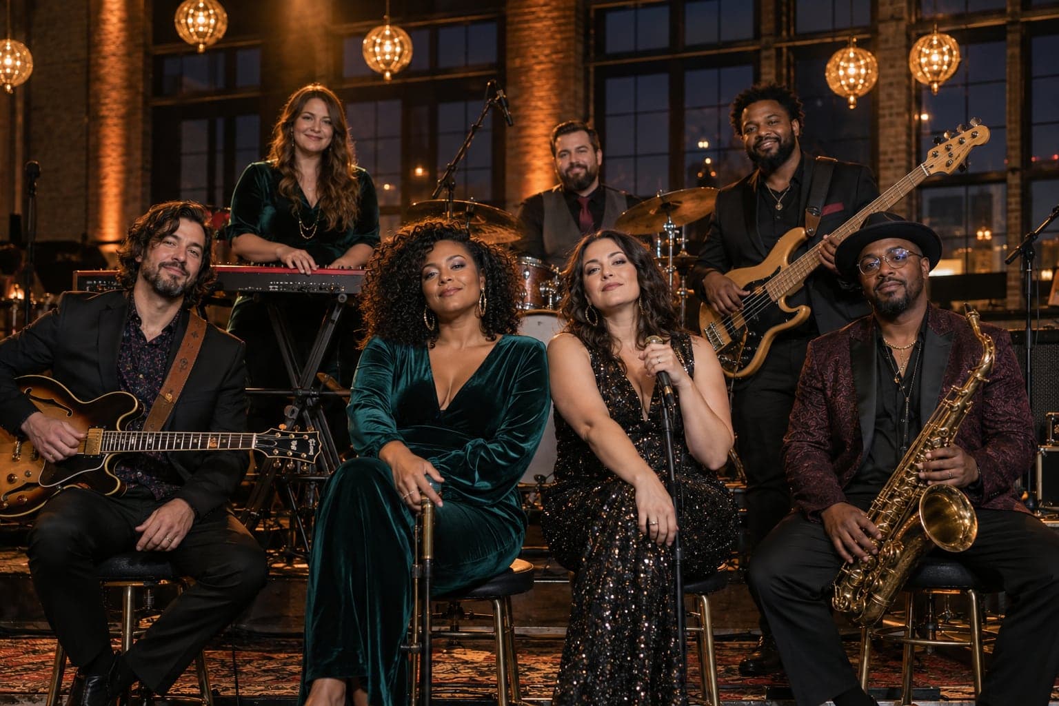 AI-generated image of a seven-piece band seated in a loft venue with glowing pendant lights, two singers in front with guitar, keys, drums, bass and saxophone around them