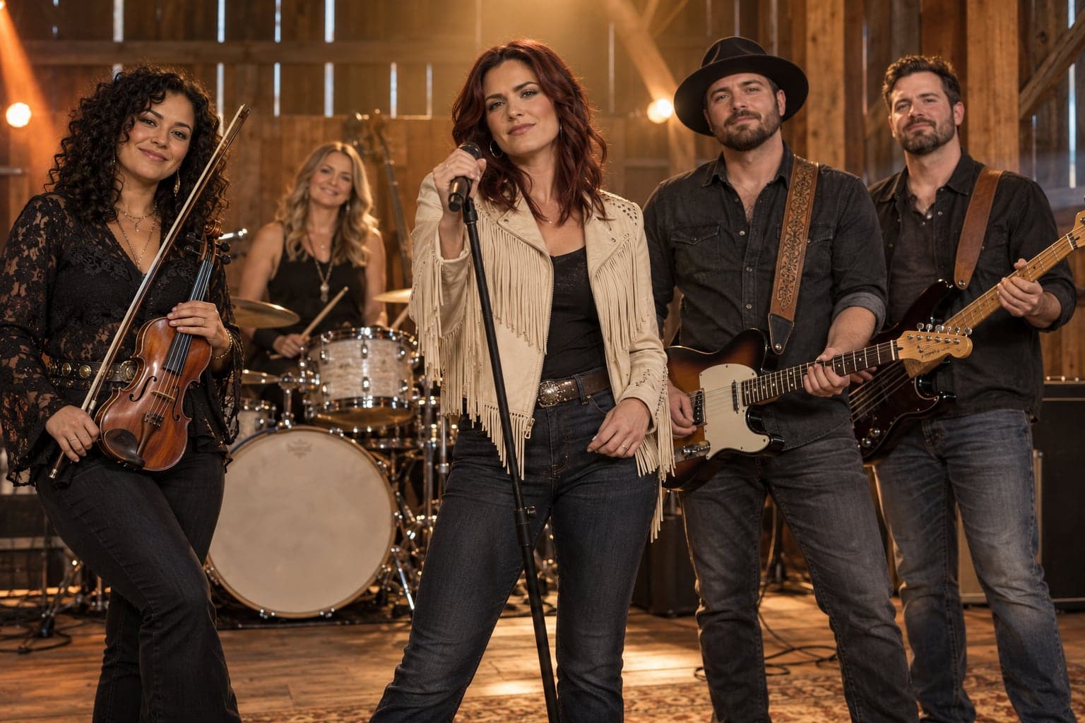 AI-generated image of a five-piece country band in a wooden barn, a singer in a fringed jacket at the microphone with fiddle, drums, guitar and bass around her